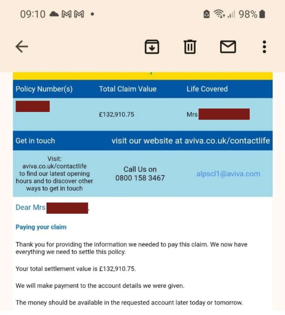 Aviva Payout Confirmation Message
