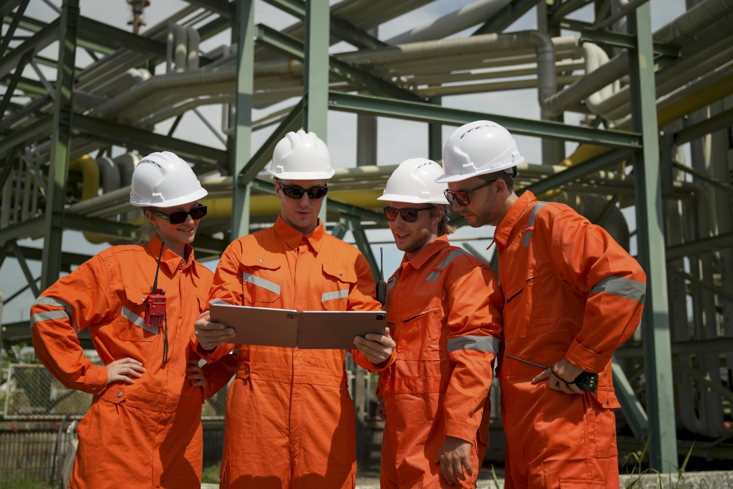 Oil and gas contractors in orange uniforms review plans at industrial site during day