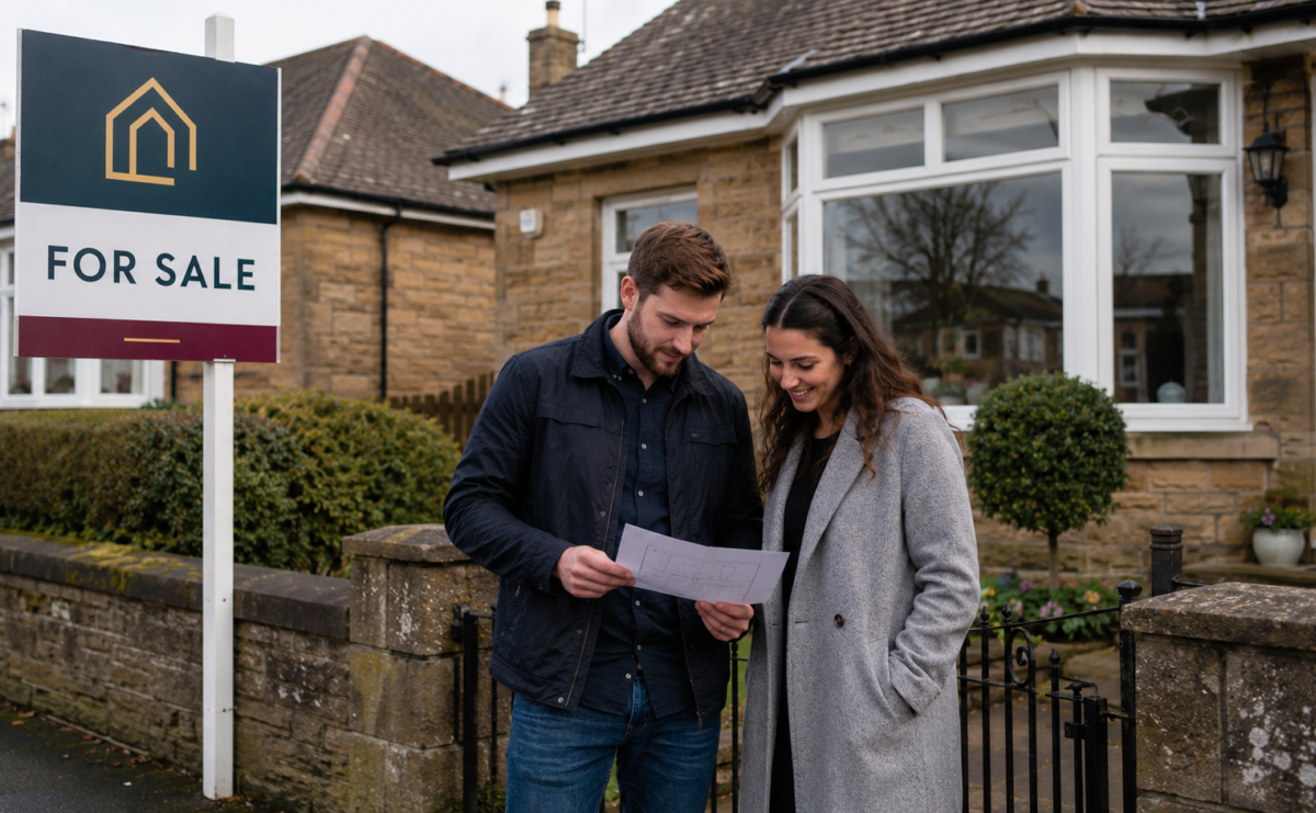 First time buyer deposit in Scotland has couple standing outside a home with a For Sale board in view, looking together at a Home Report